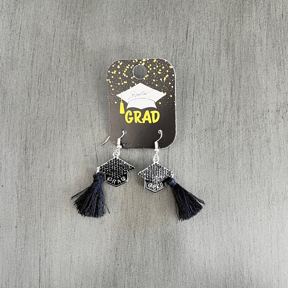 GRAD Graduate Allover Black Rhinestone Silver 2.25" Dangling Earring High School